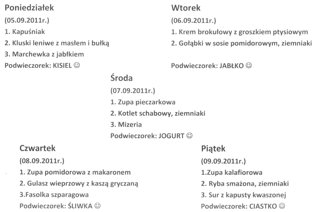 Jadłospis 5-9.09.2011
